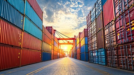 Fototapeta premium Panoramic view of a busy container yard with organized rows of red and blue cargo units, sunlit surface, port activity without.