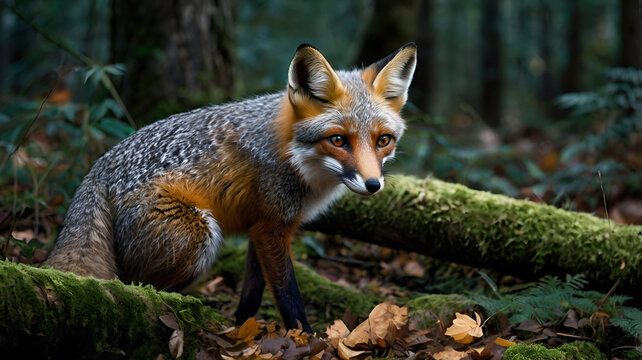 gray fox  A sleek gray fox moves silently through a twilight forest, its silvery-gray coat dappled with shadows from the overhanging branches