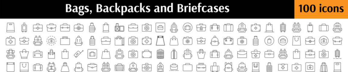 Briefcase, Backpack, Package, Baggage Modern Outline Style Icons for Design, Cards, Apps, Social Networks