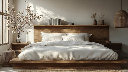 Bedroom interior design bed wooden furniture home decor pillows sheets comfortable sleep restful space
