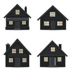 Black cottage house illustration set with windows and doors