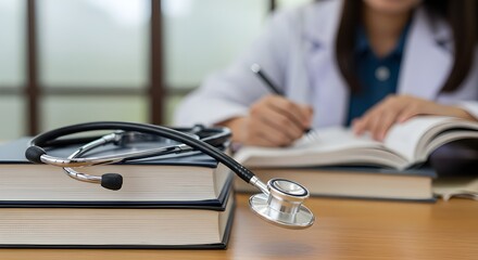 estudiante de medicina con una pila de libros