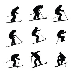 Ski sport silhouette set with downhill action poses