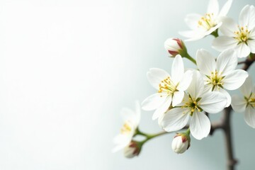Delicate white flower blossoms against pure white backdrop, texture, spring, detail