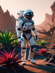 Fototapeta premium A stylized low poly astronaut explores a vivid alien landscape with exotic plants. High-detail sci-fi environment with dramatic lighting and surreal terrain.