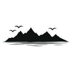 Mountain and lake landscape with birds silhouette