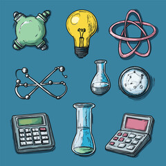 Hand-drawn science education icons with lab equipment