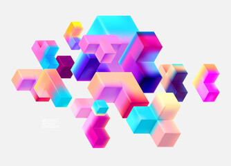 Multicolored 3D cubes. Glass iridescent geometric shape. Abstract conceptual background
