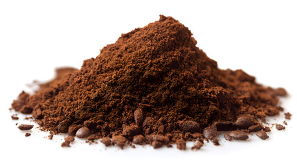 Freshly ground robust coffee powder on a white background, perfect for brewing rich beverages.
