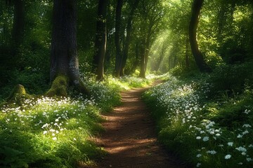 Obraz premium Sunlight streams through a woodland path, carpeted in wildflowers