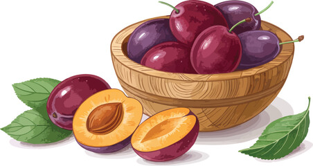 Plums in wooden bowl in white background Illustration vector design, Plums Illustration vector design