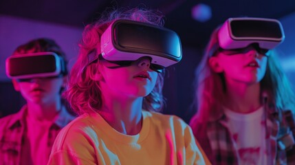 Emotional tween kids having fun with vr headset goggles. Generation Alpha and new technology