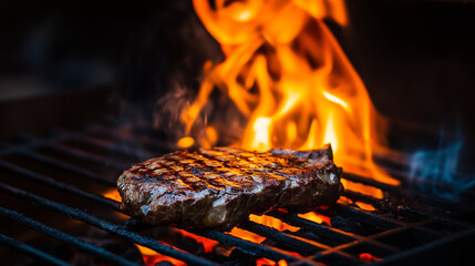 Grilled steak cooking over hot flames on charcoal barbecue


