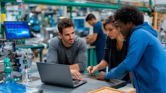 Engineering team collaborates on manufacturing project in research lab, illustrating teamwork, innovation, industrial design, technical development, prototyping and scientific problem-solving