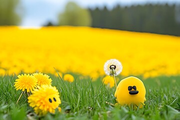 Yellow chick dandelion field spring.