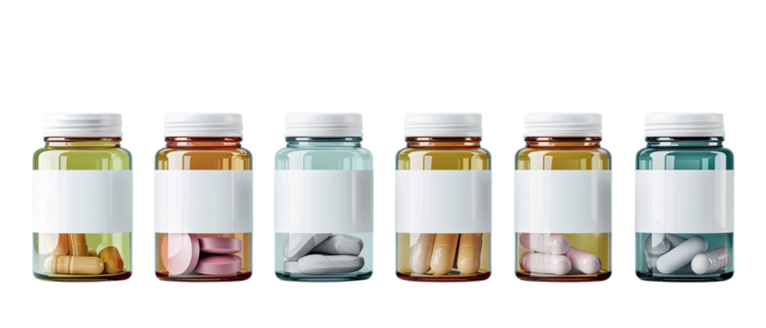 six bottles with blank labels of dark glass with different color pills in every one, and white cup, cut-out, clipping path, transparent