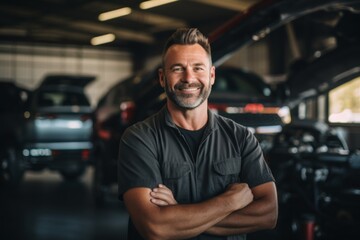 Middle Aged Caucasian car mechanic in a car mechanic shop smiling portrait