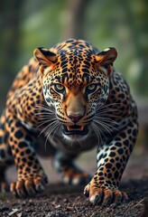 Obraz premium Powerful leopard poised for ambush, muscular physique, intense gaze, wild, stealth
