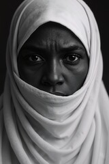 Naklejka premium Serious african female in hijab with intense gaze in monochrome portrait