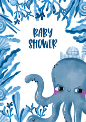 Cartoon octopus and Seaweed, algae, laminaria vertical border frame. Card invitation for baby holiday. Watercolor illustration
