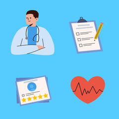  medical services illustration set. A doctor, writing on a clipboard, healthcare character. flat design illustration, muted tones. clipboard with stethoscope, medical check form report, health checkup