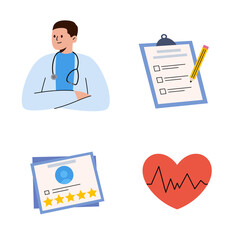  medical services illustration set. A doctor, writing on a clipboard, healthcare character. flat design illustration, muted tones. clipboard with stethoscope, medical check form report, health checkup