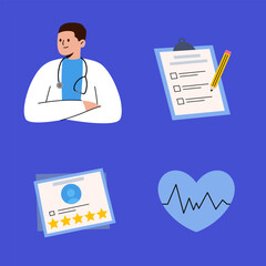 medical services illustration set. A doctor, writing on a clipboard, healthcare character. flat design illustration, muted tones. clipboard with stethoscope, medical check form report, health checkup