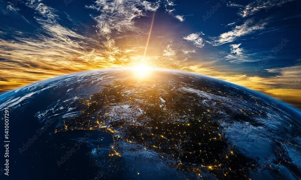 Poster rotating earth view from space with glowing city lights and sun's rays transitioning to daylight mad