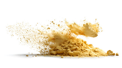 Golden-yellow powder disperses against a white background, creating a dynamic and energetic visual effect.