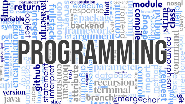 Modern word cloud focused on "Programming," filled with essential coding terms and software development concepts. Great for tech, education, web dev, and IT-themed visuals