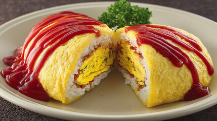 Japanese omelet rice (omurice) sliced open with creamy egg
