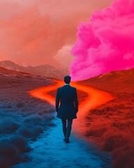 Obraz premium A man stands at a colorful crossroads in a surreal landscape. Business goals concept.