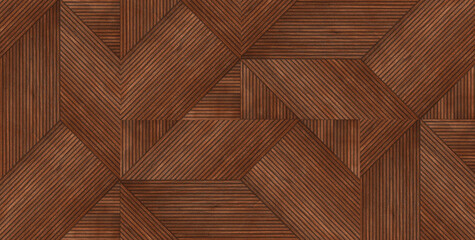 A bold geometric wooden parquet design featuring rich brown diagonal and vertical lines.