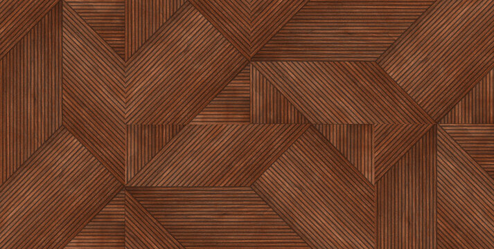 A bold geometric wooden parquet design featuring rich brown diagonal and vertical lines.
