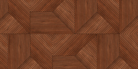 A bold geometric wooden parquet design featuring rich brown diagonal and vertical lines.