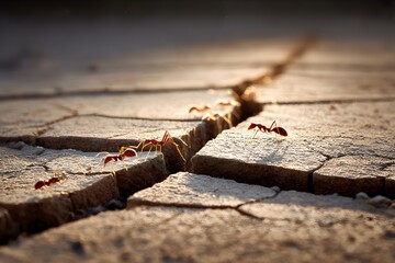 Fototapeta premium Ant trail along cracked soil side-lit
