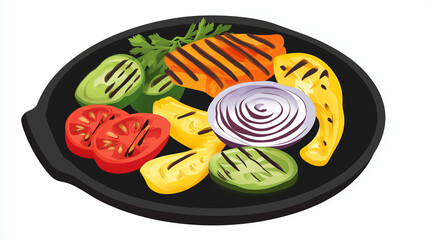 Grilled vegetables and salmon served on black plate illustration