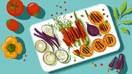 Grilled vegetables on tray with fresh herbs and tomatoes

