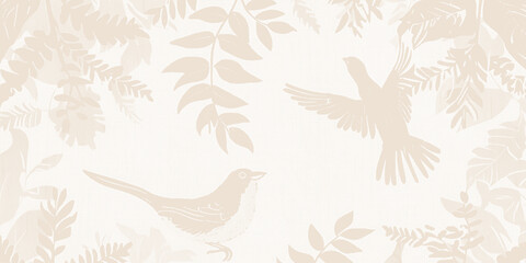 Bird and foliage silhouette design in soft beige tones with a natural and elegant aesthetic.