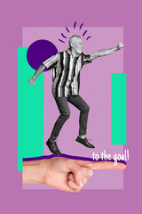 Retro collage of senior man with strength motivation fly on purple background with finger point