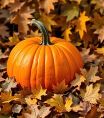Vibrant orange pumpkin emerges from autumn leaves, red, shadow