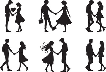 Obraz premium Romantic couples silhouettes holding hands stylish black and white art