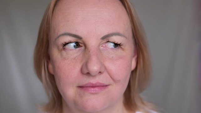 Eyes move from side to side, closeup. Woman brown eyes look from right to left. Adult girl suspects, afraid. Caucasian female lying eyes. Funny person look. Emotions suspicion, resentment, fear 