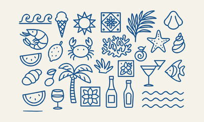Vector-style illustration featuring a collection of summer-themed line icons, easily editable.