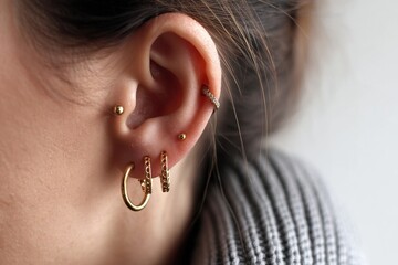 An image showcasing multiple ear piercings, including a rook, daith, and snug, with various sizes of hoops and studs