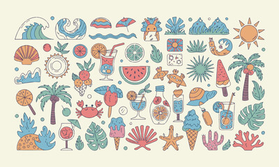 Vector-style illustration featuring a collection of summer-themed line icons, easily editable.
