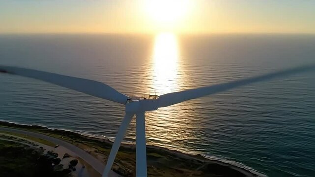 Rotating Turbine Blade Over Ocean at Sunset Renewable Energy View
