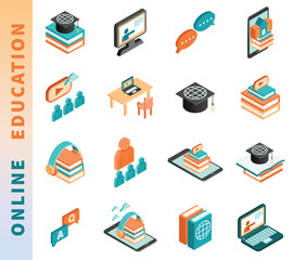 Online education icon set. Containing video tuition, e-learning, online course, audio course, educational website and digital education icons. Solid icon collection. 3d isometric