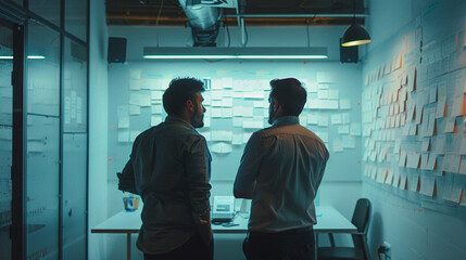 Startup Founders Discussing Long-Term Goals While Highlighting Sections Of A Printed Roadmap Taped To A Wall, Natural Daylight From Large Windows, Copy Space Center
