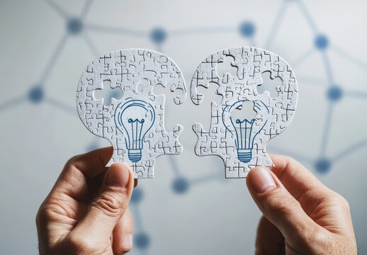 Two puzzle pieces, shaped like heads with lightbulbs, held together.  Concept of collaboration, shared ideas, and connecting minds